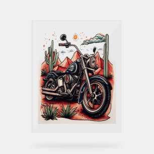Motorcycle in Desert Cactus Western Set Acrylic Sign