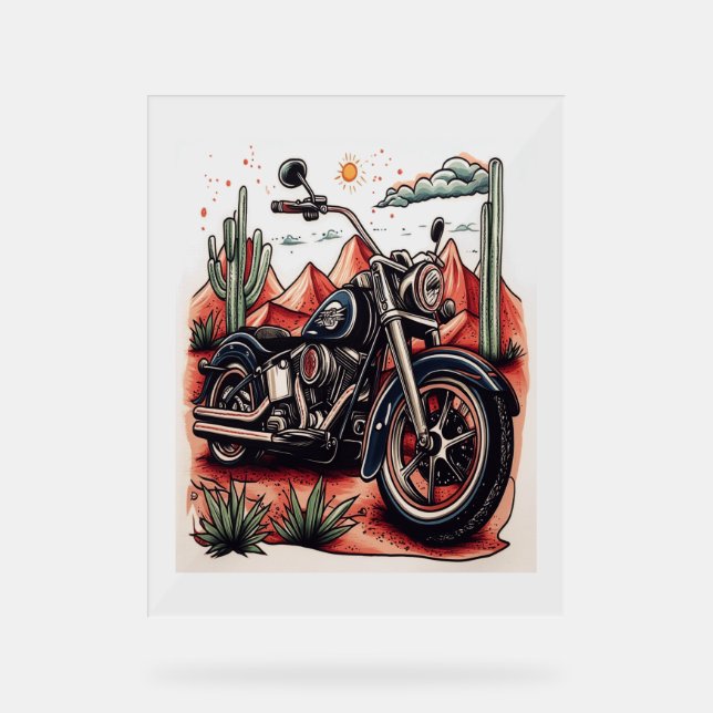 Motorcycle in Desert Cactus Western Set Acrylic Sign (Front)