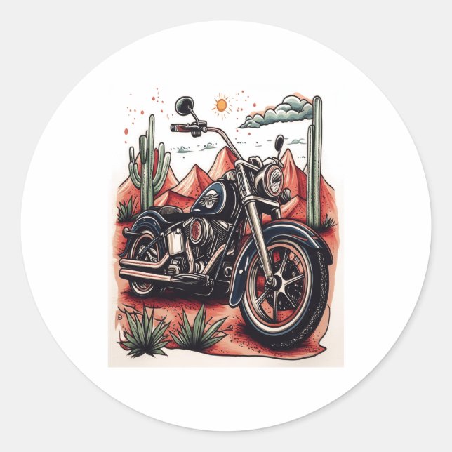Motorcycle in Desert Cactus Western Set Classic Round Sticker (Front)