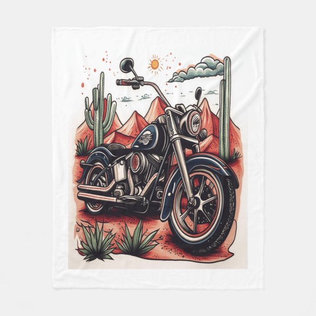 Motorcycle in Desert Cactus Western Set Fleece Blanket (Front)