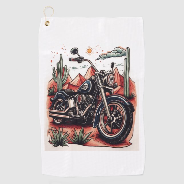 Motorcycle in Desert Cactus Western Set Golf Towel (Front)