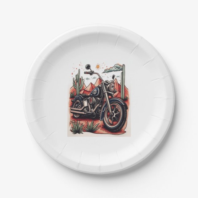 Motorcycle in Desert Cactus Western Set Paper Plate (Front)