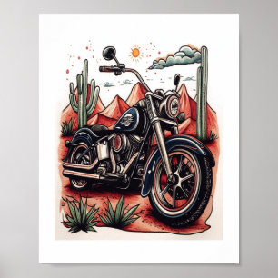 Motorcycle in Desert Cactus Western Set Poster