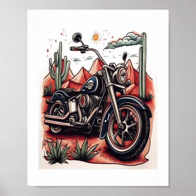 Motorcycle in Desert Cactus Western Set Poster (Front)