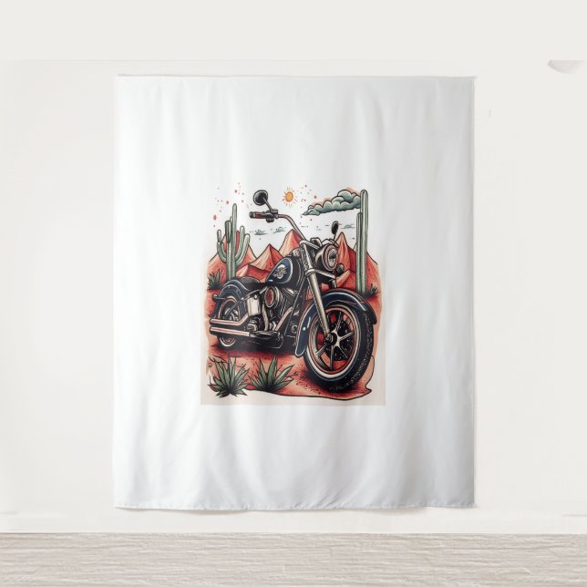 Motorcycle in Desert Cactus Western Set Tapestry (Front)