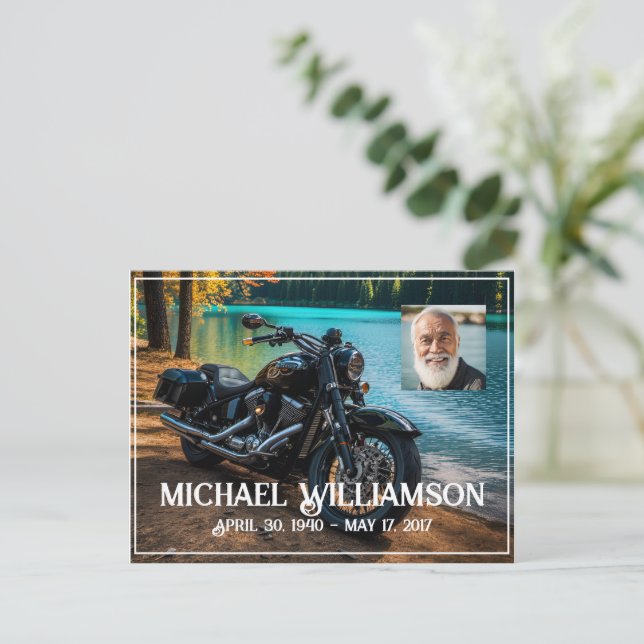 Motorcycle Near the Water Celebration of Life Postcard (Standing Front)