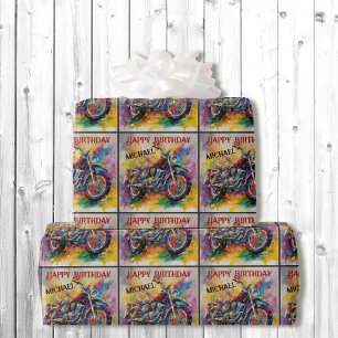 Motorcycle Painting Happy Birthday Add Name Wrapping Paper