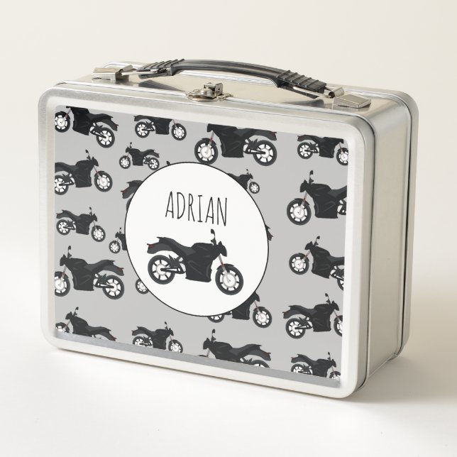 Motorcycle Pattern Customised Name Metal Lunch Box (Front)