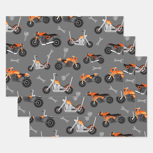 Motorcycle Pattern Gift Biker Tools Gray Orange Wrapping Paper Sheet (Set)