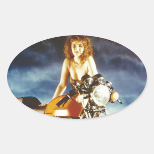 Motorcycle Pin-up Girl Oval Sticker