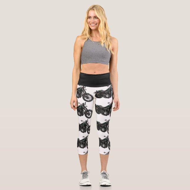MOTORCYCLE PRINT CAPRI YOGA PANTS LEGGINGS (Front)