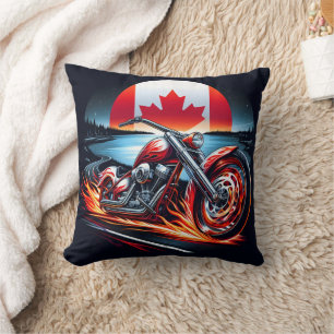 Motorcycle racing under a Canadian flag sunset Cushion