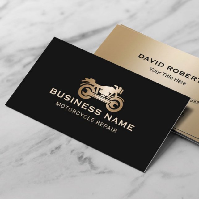 Motorcycle Repair Service Modern Black & Gold Business Card (Creator Uploaded)