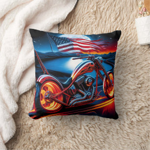 Motorcycle ride under the moon with American flag Cushion