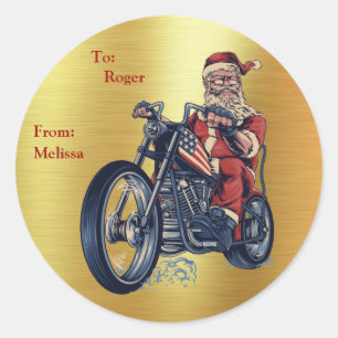 Motorcycle Riding Santa Claus on Gold Foil Classic Round Sticker