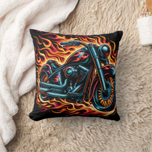 Motorcycle roaring amid vibrant flames at dusk cushion