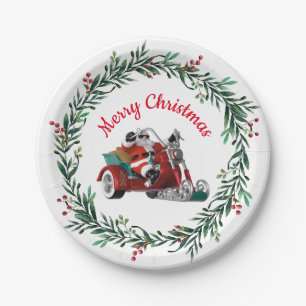 Motorcycle Santa and Wreath Christmas Party Paper Plate