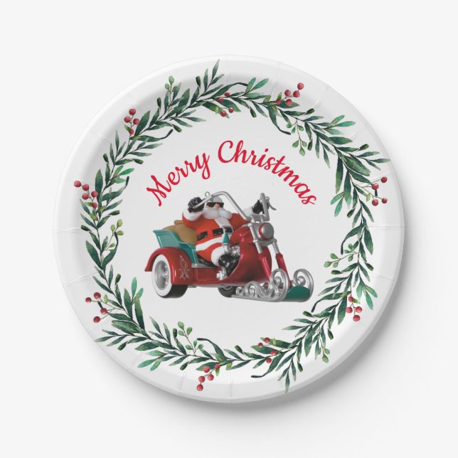 Motorcycle Santa and Wreath Christmas Party Paper Plate (Front)