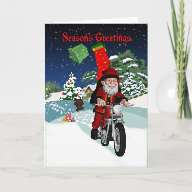 Motorcycle Santa With Flying Gifts & Winter Scene Holiday Card (Front)