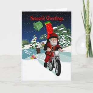 Motorcycle Santa With Flying Gifts & Winter Scene Holiday Card