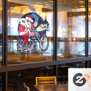 Motorcycle Shop Chopper Riding Santa Claus Cigar Window Cling
