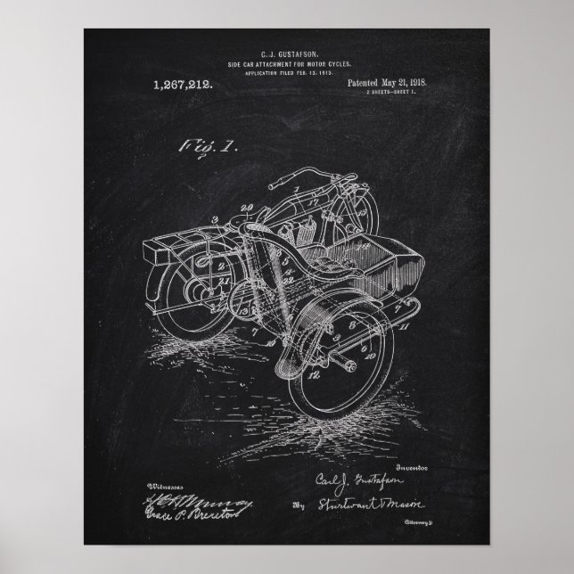 Motorcycle Side-Car 1885 Patent Chalkboard Poster (Front)
