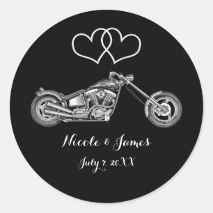 Motorcycle & Silver Hearts Biker Wedding Favour Classic Round Sticker
