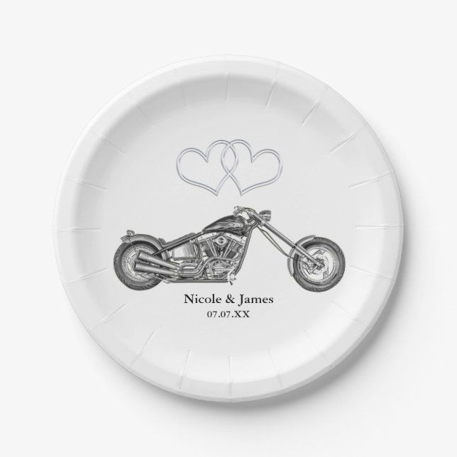 Motorcycle & Silver Hearts Biker Wedding Paper Plate (Front)