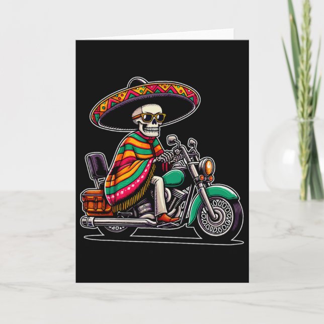 Motorcycle Skeleton Biker Mexican Sombrero Cinco D Card (Front)