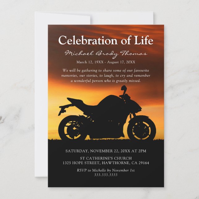 Motorcycle Sunset | Celebration Of Life Invitation (Front)
