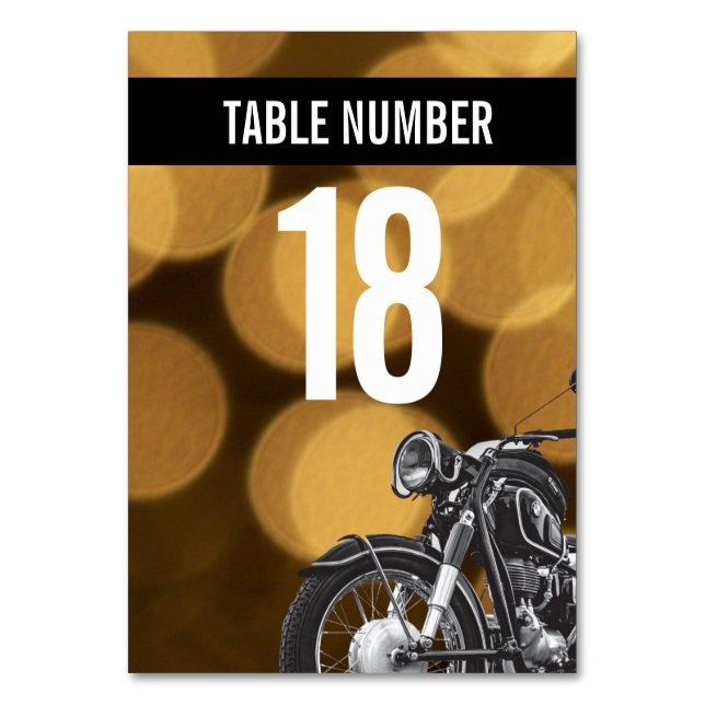 Motorcycle themed gold black 50th birthday table number (Front)