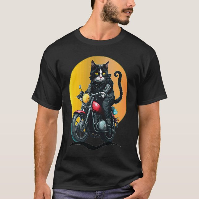 Motorcycle Tuxedo Cat  Dad Mum Kittens T-Shirt (Front)