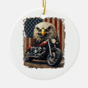 Motorcycle USA Flag Retro Biker Chopper Ceramic Tree Decoration
