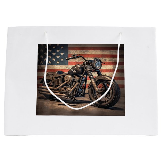 Motorcycle USA Flag Retro Biker Large Gift Bag (Front)