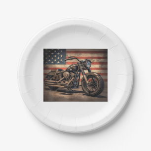 Motorcycle USA Flag Retro Biker Paper Plate