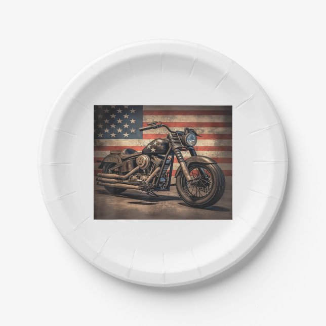 Motorcycle USA Flag Retro Biker Paper Plate (Front)