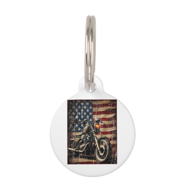 Motorcycle USA Flag Retro Biker Pet Tag (Front)