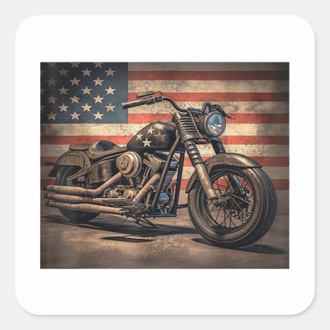 Motorcycle USA Flag Retro Biker Square Sticker (Front)