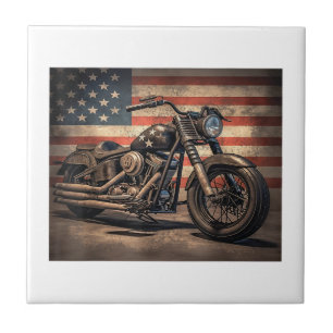 Motorcycle USA Flag Retro Biker Tile