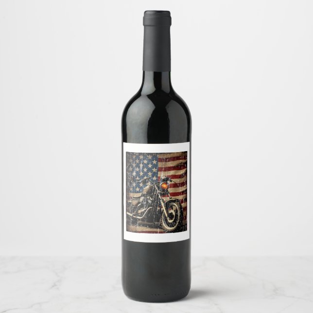 Motorcycle USA Flag Retro Biker Wine Label (Front)