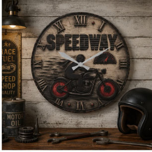 Motorcycle Vintage Racing Bike Garage Decor Large Clock