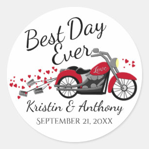 Motorcycle Wedding Red and Grey Classic Round Sticker