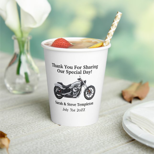 Motorcycle Wedding Thank You Date Names Love Paper Cups (Insitu)
