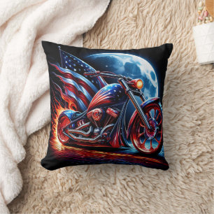 Motorcycle with American flag against a full moon Cushion