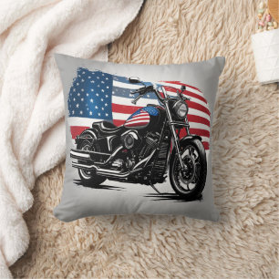 Motorcycle with American flag backdrop Cushion