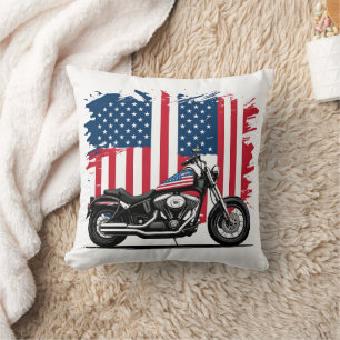 Motorcycle with American flag background Cushion