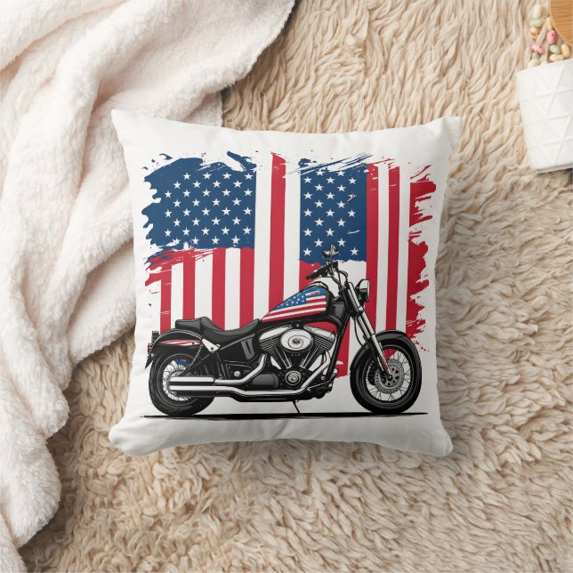 Motorcycle with American flag background Cushion (Blanket)