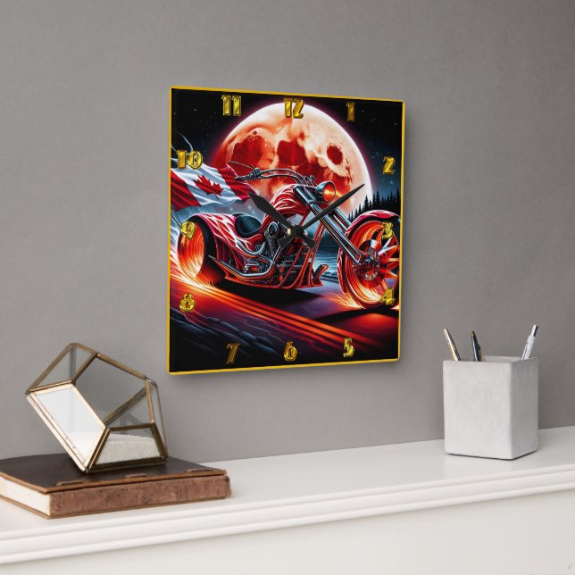 Motorcycle with Canadian flag by moon Square Wall Clock (Office)