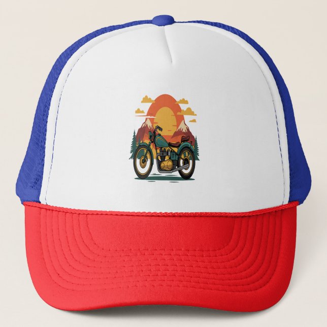 Motorcycle with USA Flag, 4th July Trucker Hat (Front)