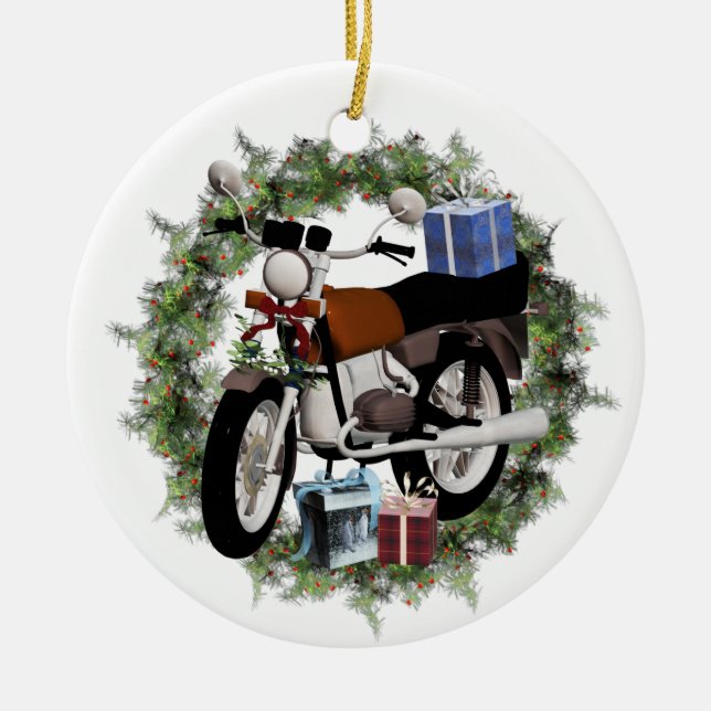 Motorcycle Wreath and Gifts Round Holiday Ornament (Front)